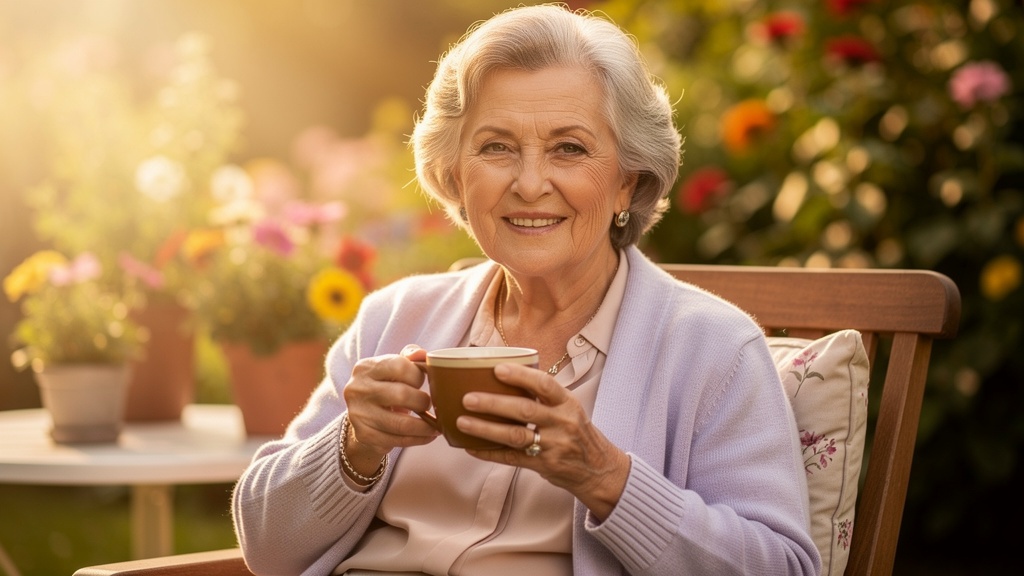 Glückliche Seniorin mit Kaffeetasse im Garten – Entlastungsbetrag 131 Euro für häusliche Betreuung durch Auxilium