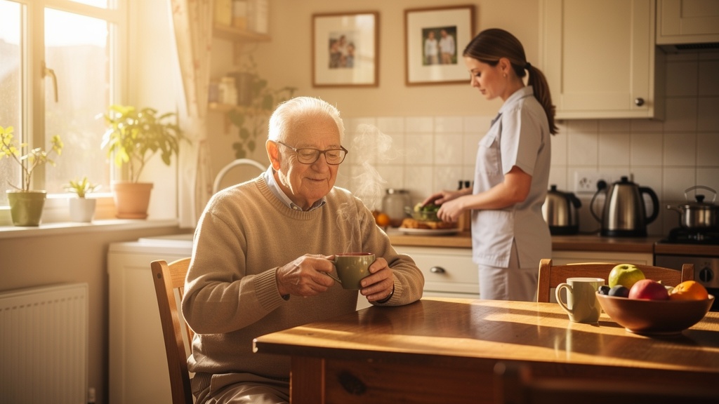 Senior genießt Tee zu Hause mit Pflegekraft – häusliche Pflege statt Pflegeheim durch Auxilium Forst Baden